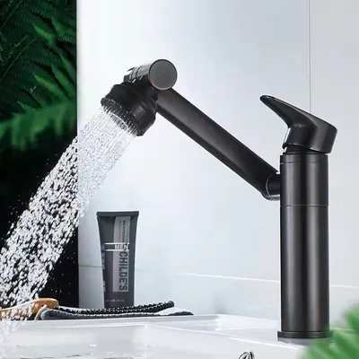 Produktbild von Wasserhahn Bad Doppelt 360° drehbar Waschtischarmatur Messing Mischbatterie Bad für Waschbecken Badarmatur Chrom Zwei Wasserauslassmodi Einhandmischer schwarz