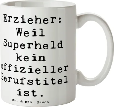 Produktbild von Mr. & Mrs. Panda Kaffeebecher Spruch Erzieher Superheld - Weiß - Geschenk, Teetasse, Hingabe, Kaffeetasse, Berufspassion, Pott, handgefertigte Geschenke, schöne tasse
