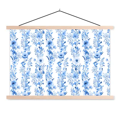 Produktbild von MuchoWow® Textilposter Blumen - Anemone - Blau - Muster 120x80 cm mit holzfarbenen Rahmen - Aufhängeset