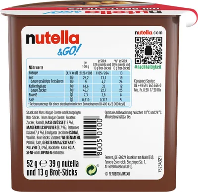Obrázek produktu pro Ferrero Nutella & GO, 52 g, Čokoláda, 1 kusů, CE, Švýcarsko, 511 kcal
