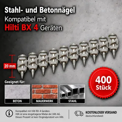 Obrázok produktu pre 400 klincov kompatibilných s Hilti BX 4, 20 mm – betónové klince, oceľové klince