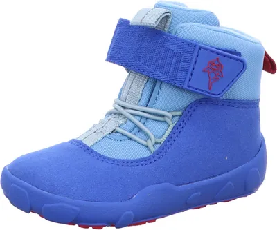 A single blue and light blue children's boot with a red accent is shown against a white background.