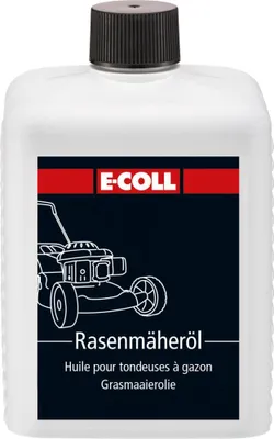 A white plastic bottle of lawnmower oil with a black cap and a label featuring a drawing of a lawnmower and brand information.