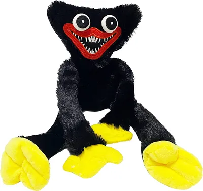 A black plush toy with yellow feet and a red mouth with sharp white teeth, sitting against a white background.