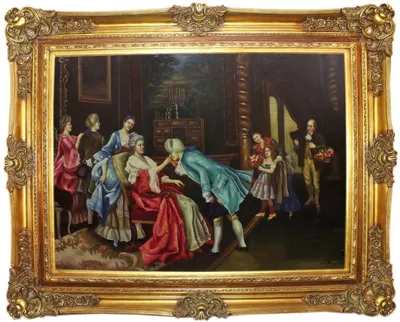 Produktbild von Casa Padrino Barock Ölgemälde Der Geburtstag Mehrfarbig / Gold 160 x 10 x H. 130 cm - Handgemaltes Gemälde mit prunkvollem Rahmen im Barockstil - Wanddeko im Barockstil