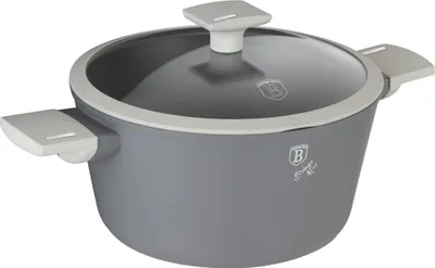 A gray pot with a glass lid and silver handles on a white background.