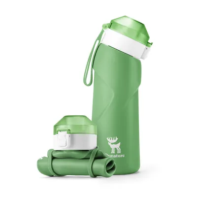 Immagine prodotto di Qunature 700ml Bottiglie d'acqua pieghevoli in silicone Bottiglia d'acqua per sport all'aperto arrotolabile con maniglia per il trasporto per escursioni, scuola e palestra, verde