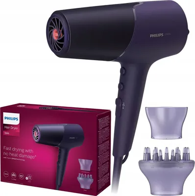 A Philips hair dryer and its accessories are displayed on a white background, alongside its packaging.