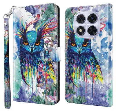 Produktbild von CLM-Tech Handyhülle kompatibel mit Xiaomi Redmi Note 14 Pro 5G Hülle - Tasche aus Kunstleder - Klapphülle mit Ständer und Kartenfächern - Schutzhülle Wallet Case Cover Eule bunt