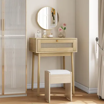Productafbeelding van Make-uptafel van riet met spiegel, 60x50x128 cm, eikenhout