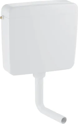 A white toilet cistern with a downpipe attached, isolated on a white background.