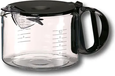 A clear studio shot of a coffee pot carafe with measurement markings.