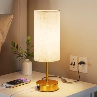 Produktbild von 1 Stück Nachttischlampe Touch Dimmbar mit USB A USB C Ladefunktion LED Tischlampe 3 Stufen Warmweiß E27 Leuchtmittel Gold