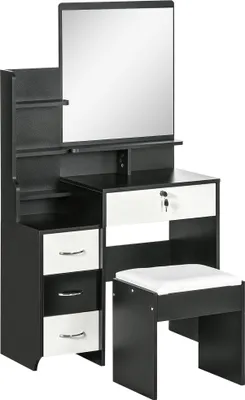 Image de HOMCOM Ensemble de coiffeuse table de maquillage avec tabouret rembourré grand miroir + plusieurs étagères ouvertes + 4 tiroirs blanc noir
