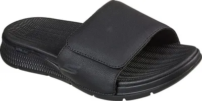 A single black slide sandal is shown from a side-angle on a white background.
