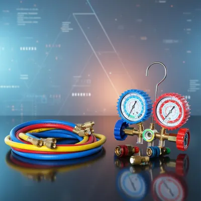 Produktbild von Klimamanifold Set 2-Wege mit Manometer & 3 Schläuchen für R134a/R12/R22