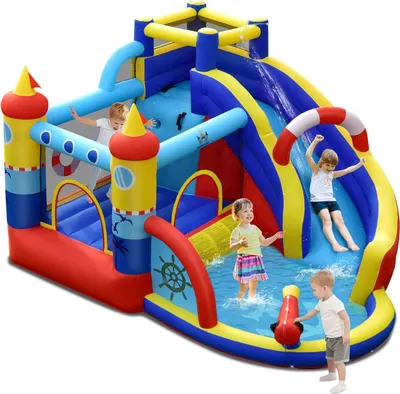 Produktbild von Aufblasbare Wasserrutsche, Hüpfburg mit Langer Rutsche & Planschbecken, Bounce Haus mit Wasserpistole & Kletterwand für Kinder 3 bis 10 Jahre, Wasserpark für Hinterhof, Rasen & Park