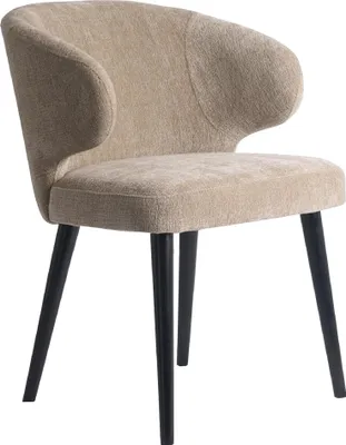 A single beige chair with black legs against a white background.