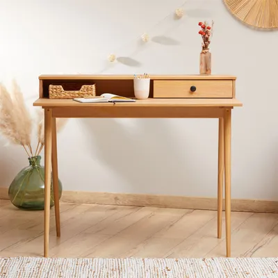 Produktbild von Schreibtisch MALINA mit Aufsatz & Schublade aus Kiefer Massivholz, Eiche farben- Bürotisch mit Stauraum & konischen Beinen, Stabiler PC-Tisch aus robusten Materialien