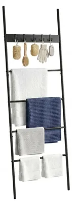 Produktbild von Relaxdays Handtuchleiter, 4 Sprossen, 5 Haken, HxB: 177x60 cm, Bad & Schlafzimmer, Wäscheleiter, MDF & Metall, schwarz