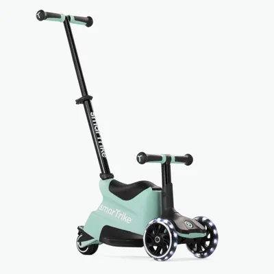 A three-wheeled scooter for children, with a seat and a parent handle, shown against a white background.