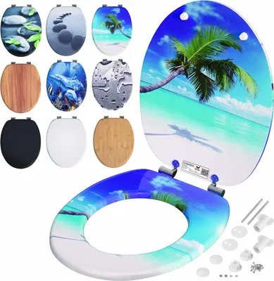 A collection of toilet seats with various designs, including a beach scene with a palm tree, stones, a dolphin, and wood grain.