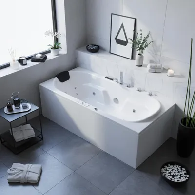 Produktbild von Caribia LUXUS Whirlpool Badewanne Komfort Deluxe / 180x80 - 20 Massagedüsen, 10x mini LED, Heizung, Ozon, Wasserfall, Viega Bodenansaugung, Bluetooth & Radio und Touchpanel