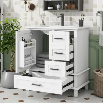 Productafbeelding van 76x46x83,5 cm, eenvoudige badkamermeubel, volledig geverfd, met een plankje in de deur, drie stille lades, verstelbare planken, geïntegreerde keramische wasbak, zwart