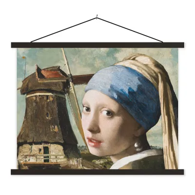 Produktbild von MuchoWow® Textilposter Das Mädchen mit dem Perlenohrring - Mühle - Vermeer 150x113 cm mit schwarzem Rahmen - Wohnzimmer