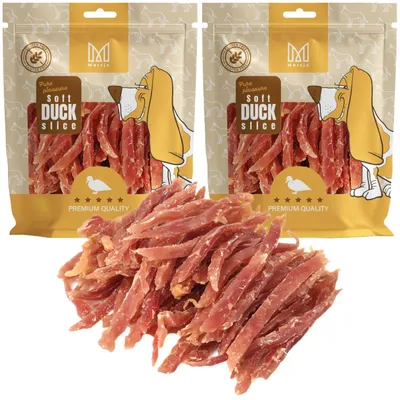 Obrázok produktu pre Mersjo mäkké kúsky kačacieho mäsa 2x500 g – psie maškrty bez obilnín, žuvacie pamlsky pre psov, tréningové pamlsky, psie maškrty z prírodného mäsa