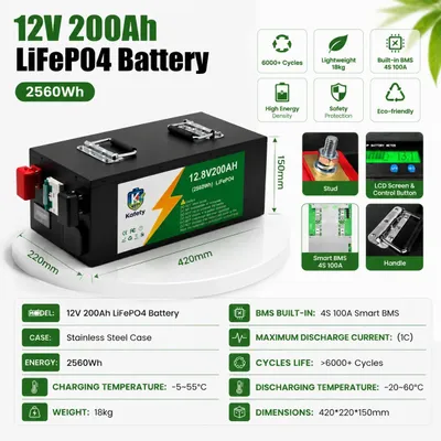 Immagine prodotto di Batteria al litio LiFePO4 - 12 V, 200 Ah, 2560 Wh - Cicli profondi (oltre 6000) - BMS integrato da 100 A - Accumulatore solare per camper, barche e impianti isolati