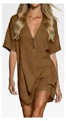 Produktbild von Musselin Kleid Damen Sommer Kurzarm Strandkleid Freizeitkleid V-Ausschnitt Casual Sommerkleid Blusenkleid Einfarbig Midikleid Hemdkleid Leicht Locker Luftig Shirtkleid