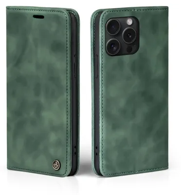 A green flip case for an iPhone is shown from two angles.