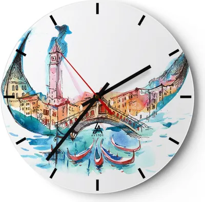 Produktbild von Wanduhr - Rund - Glasuhr - Gondel Gondoliere illustration Kultur - 30x30cm - Schleichendes Uhrwerk - Lautlos - zum Aufhängen bereit - Dekoration Modern - Wanddekoration aus Glas - C3AR30x30-3039