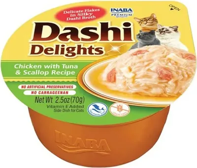 Imagen del producto de CHURU CAT: Delicias de Dashi para gatos, sabor a pollo con atún y vieiras, 6 unidades de 70 gramos cada una