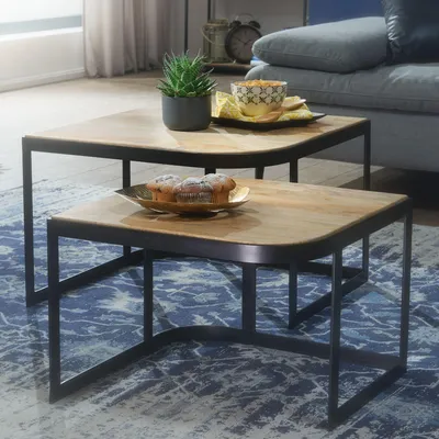 Produktbild von WOHNLING Couchtisch 2er Set Mango Massivholz / Metall Wohnzimmertisch Hell Industrial Satztisch Beistelltisch Metallbeine Schwarz Tischset 2-teilig