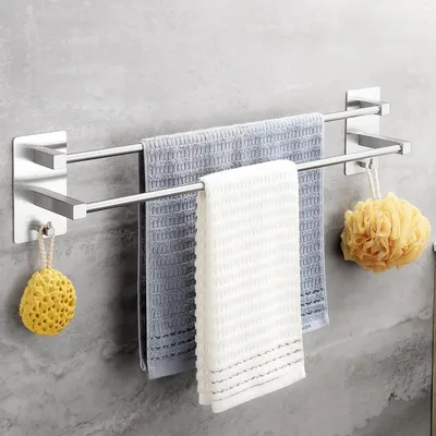 Productafbeelding van Handdoekhouder zonder boren - 2 haken - 61 cm - RVS - Zilver
