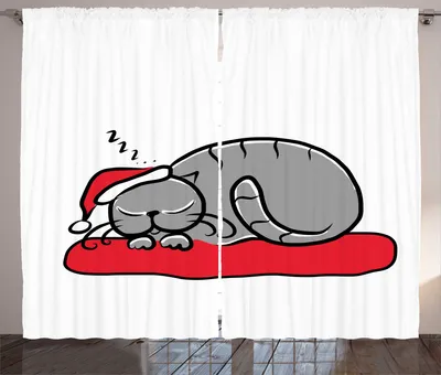 Produktbild von ABAKUHAUS Weihnachten Rustikaler Gardine, Katze mit Nikolausmütze, Schlafzimmer Kräuselband Vorhang mit Schlaufen und Haken, 280 x 260 cm, Weiß Grau Rot
