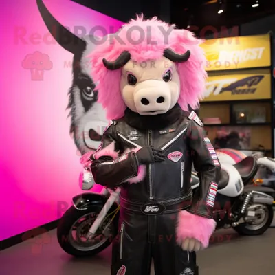 Imagen del producto de Personaje REDBROKOLY de disfraz de mascota de búfalo rosa vestido con una chaqueta de motociclista y cintas para la cabeza