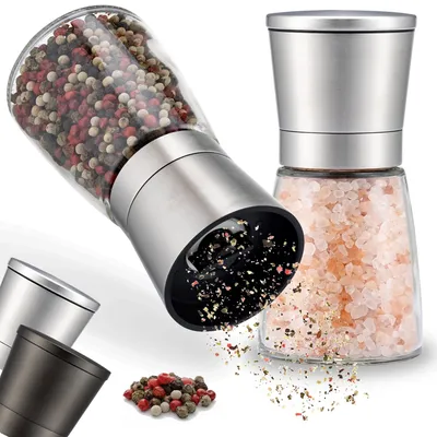 Produktbild von Gewürzmühle 2er Set mit einstellbarem Keramikmahlwerk - Pfeffermühle Edelstahl Pfeffermühle Pfeffermühle Salzmühle Pfeffermühle Salz Pfeffer Mühle