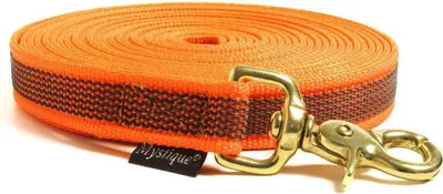 Produktbild von Mystique® Gummierte Schleppleine 20mm mit Handschlaufe Messing Scherenkarabiner neon orange 20m
