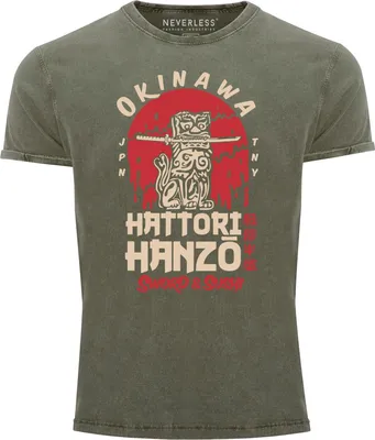 Produktbild von Herren Vintage Shirt Hattori Hanzo Sword and Sushi Okinawa Japan Schriftzeichen Superior Design Used Look Neverless®  oliv S