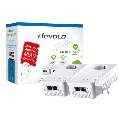 Produktbild von Devolo Mesh WLAN 2 Starter Kit, 2400 Mbit/s, IEEE 802.3ab, IEEE 802.3az, IEEE 802.3u, IEEE 802.3x, Gigabit Ethernet, 10,100,1000 Mbit/s, WPS, 500 m