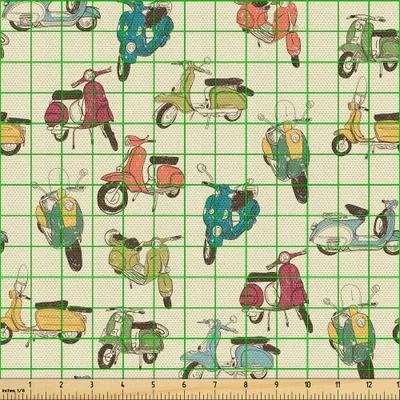 Produktbild von ABAKUHAUS Motorrad Gewebe als Meterware, Bunte Roller Skizzen im Retro-Stil kontinuierliche Muster-Kunst, 10 M (148 x 1000 cm), Eischale und Mehrfarbig