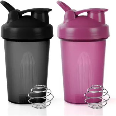 Productafbeelding van Proteïneshaker van 400 ml met meetstreep en roestvrijstalen mengbol, BPA-vrij, lekvrij, geurneutraal, zwart en paars