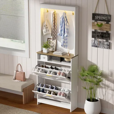 Obrázok produktu pre Úzka skriňa na topánky s LED osvetlením, 2 výklopné zásuvky, skriňa na topánky v rustrálnom štýle, kombinácia s vešiakmi, 70x24x180 cm, biela