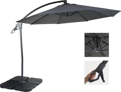 Zdjęcie produktu dla Parasol wspornikowy Deluxe HWC-D14, parasol, okrągły Ø 3m poliester aluminium/stal 14kg ~ antracyt ze stojakiem