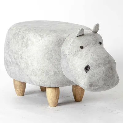 A grey upholstered hippo-shaped ottoman with wooden legs, presented against a white background.