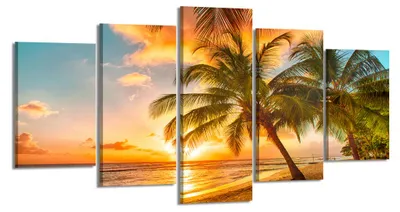 Obrázek produktu pro Obraz na plátně Palmy na pláži Západ slunce 5-dílný 200x100 cm