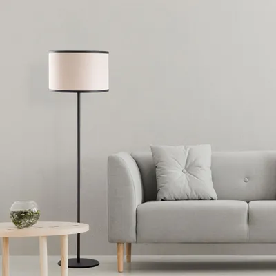 Image de Opviq, lampadaire haut de gamme, structure en métal, noir et blanc, 40 x 40 x 156 cm | Abat-jour en tissu, diamètre 40 cm, culot E27, 40 W max. | Un design élégant pour un intérieur moderne.